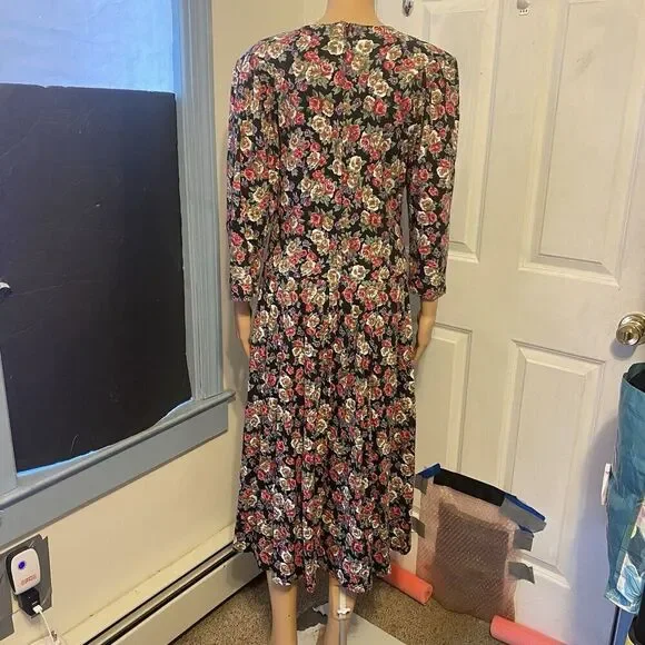 Vintage 80s Paquette Too! Red Black floral drop waist midi dress 14 Cottagecore - Picture 9 of 10